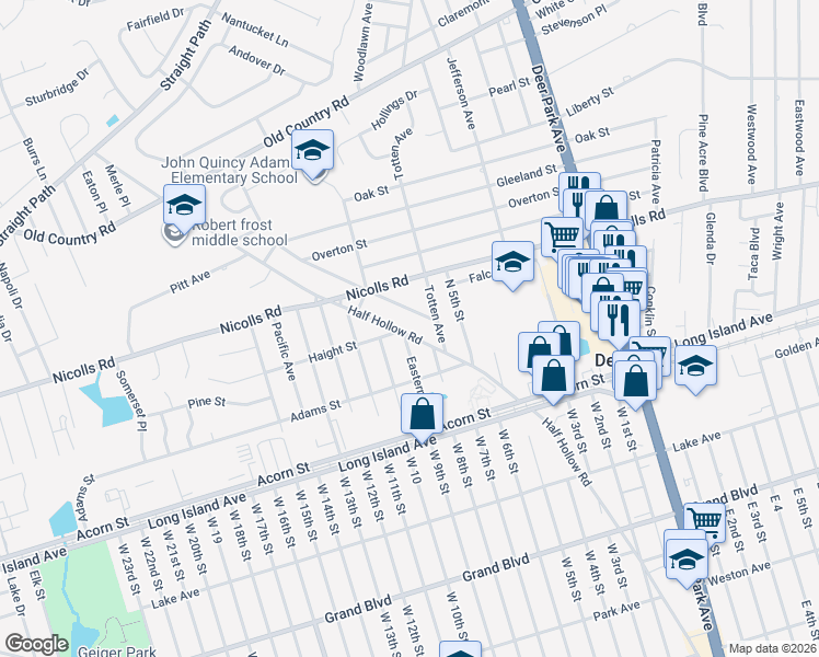 map of restaurants, bars, coffee shops, grocery stores, and more near 325 Half Hollow Road in Deer Park
