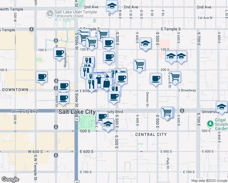 map of restaurants, bars, coffee shops, grocery stores, and more near 256 300 South in Salt Lake City
