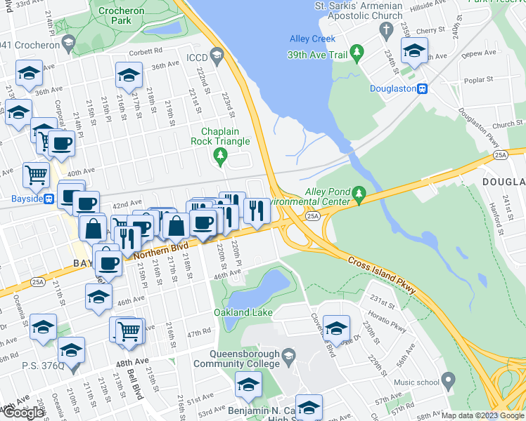 map of restaurants, bars, coffee shops, grocery stores, and more near 43-19 222nd Street in Queens