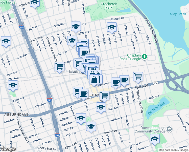 map of restaurants, bars, coffee shops, grocery stores, and more near 42-07 Bell Boulevard in Queens