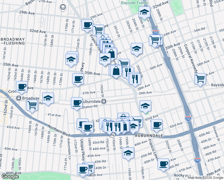 map of restaurants, bars, coffee shops, grocery stores, and more near 194-02 37th Avenue in Queens