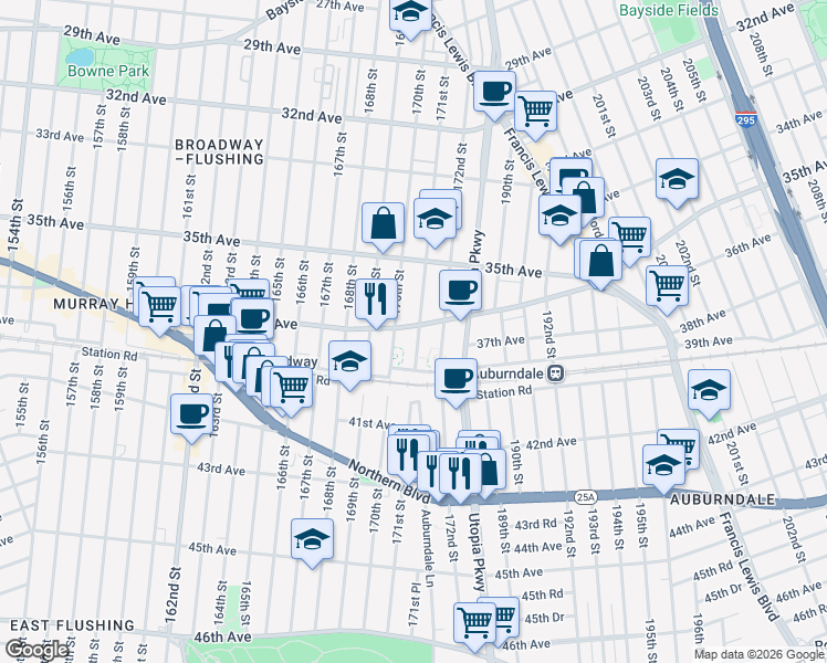 map of restaurants, bars, coffee shops, grocery stores, and more near 36-4 171st Street in Queens