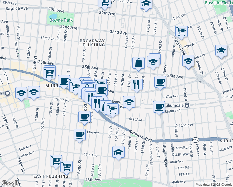 map of restaurants, bars, coffee shops, grocery stores, and more near 36-06 166th Street in Queens