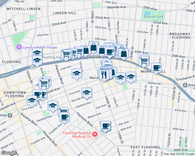 map of restaurants, bars, coffee shops, grocery stores, and more near 4012 149th Street in Queens