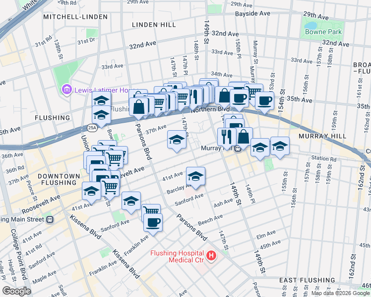 map of restaurants, bars, coffee shops, grocery stores, and more near 144-77 Roosevelt Avenue in Queens