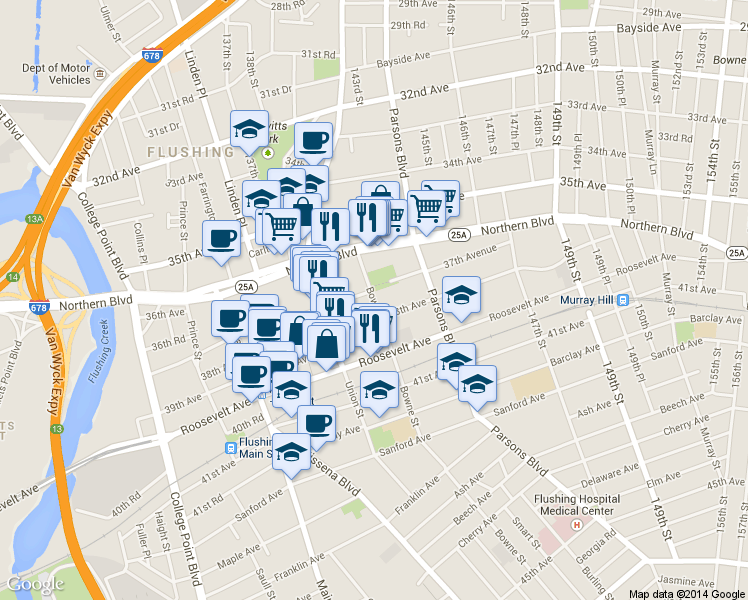 map of restaurants, bars, coffee shops, grocery stores, and more near 37-08 Bowne Street in Queens