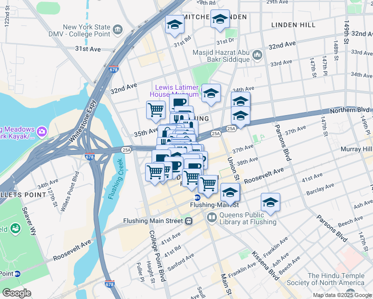 map of restaurants, bars, coffee shops, grocery stores, and more near 36-25 Main Street in Queens