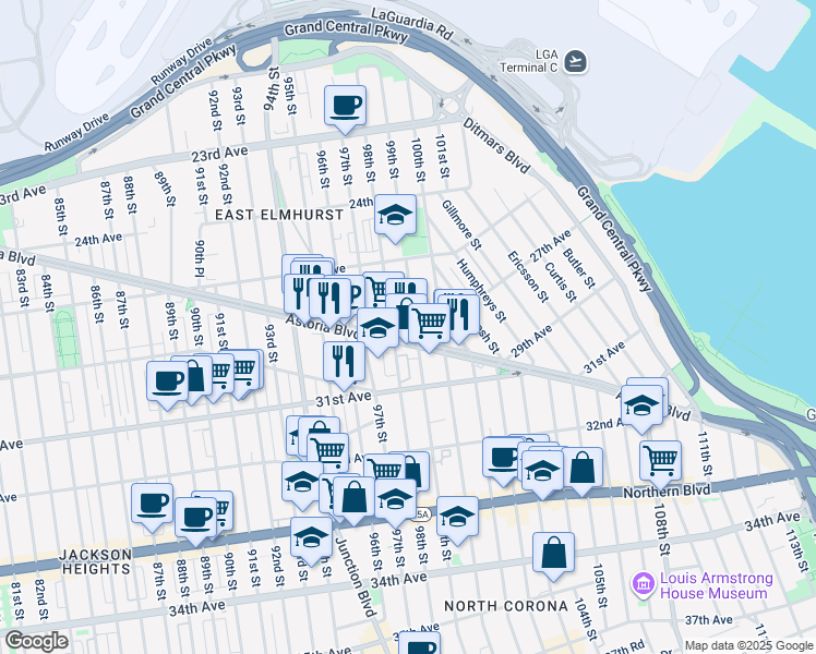 map of restaurants, bars, coffee shops, grocery stores, and more near 98-19 Astoria Boulevard in Queens