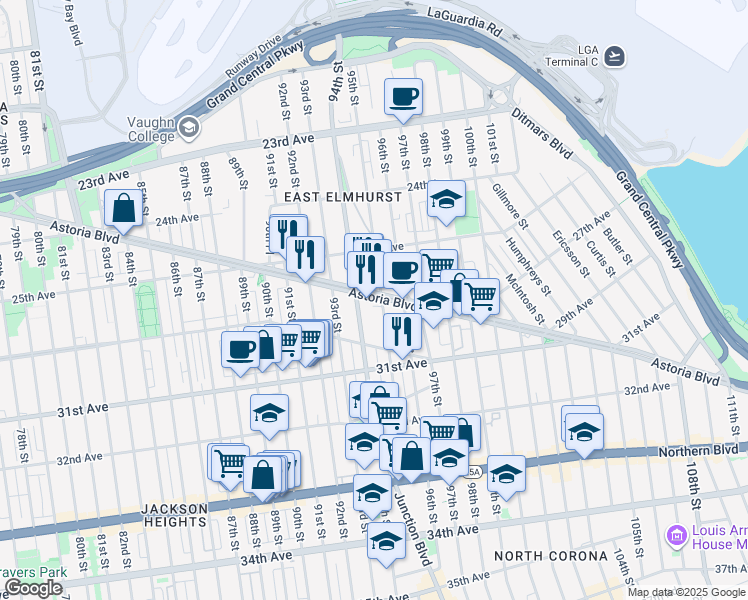map of restaurants, bars, coffee shops, grocery stores, and more near in Queens