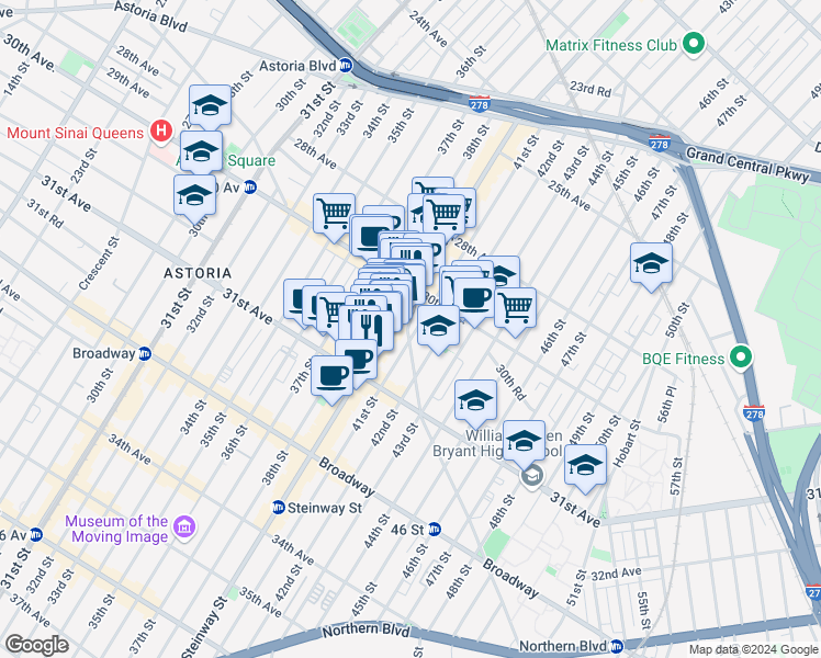 map of restaurants, bars, coffee shops, grocery stores, and more near 30-49 Steinway Street in Queens
