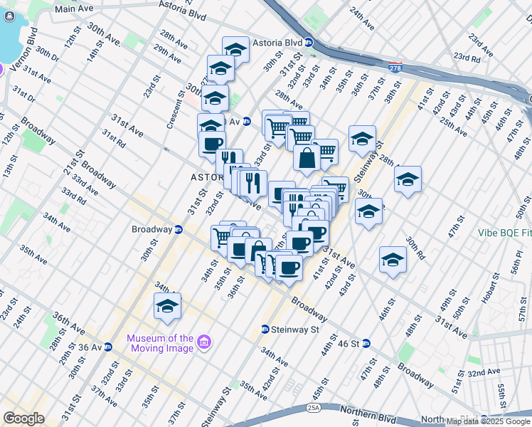 map of restaurants, bars, coffee shops, grocery stores, and more near 35-6 31st Avenue in Queens