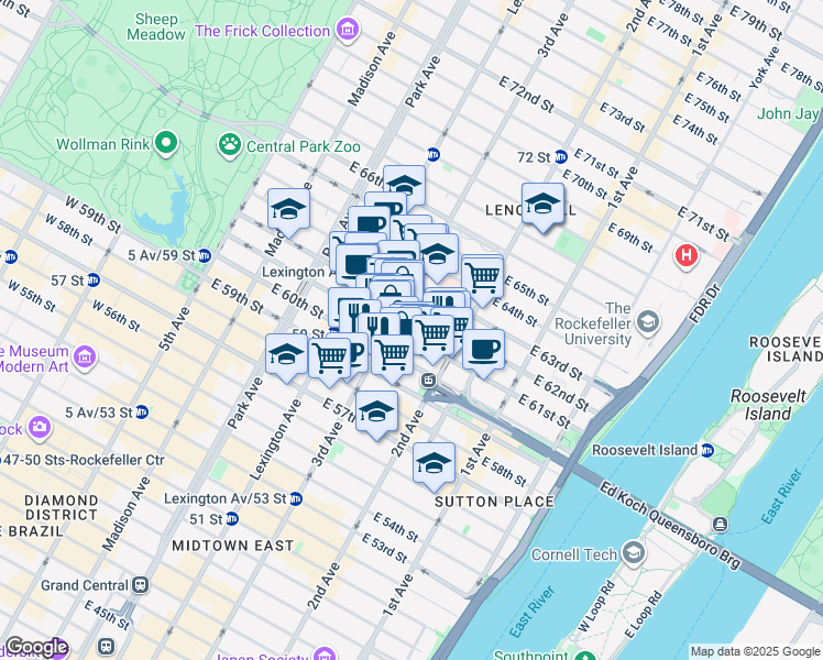 map of restaurants, bars, coffee shops, grocery stores, and more near 210A East 61st Street in New York