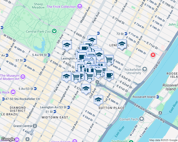 map of restaurants, bars, coffee shops, grocery stores, and more near 210A East 61st Street in New York