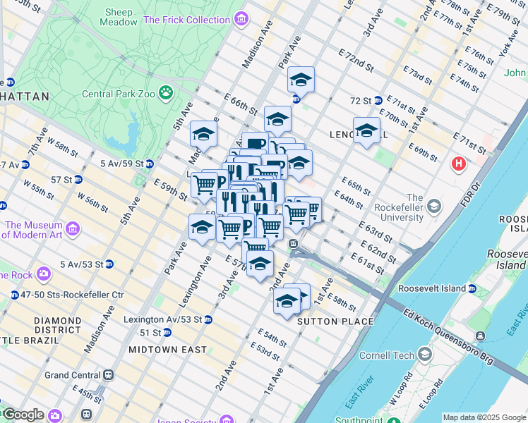 map of restaurants, bars, coffee shops, grocery stores, and more near 1000 3rd Avenue in New York