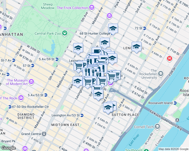 map of restaurants, bars, coffee shops, grocery stores, and more near 1000 3rd Avenue in New York
