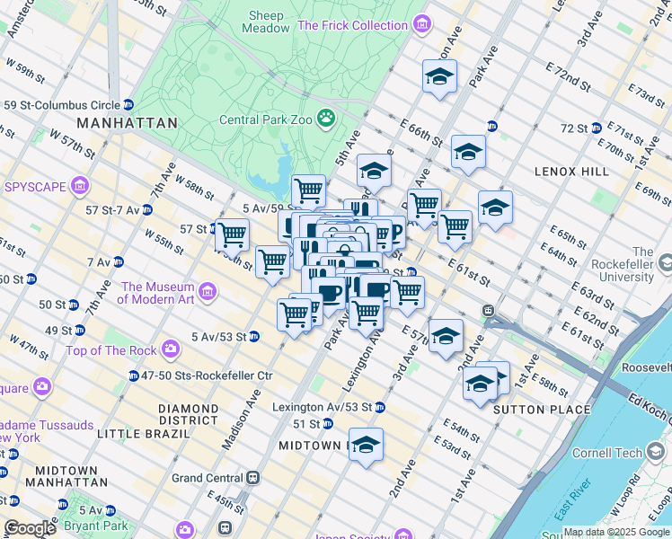 map of restaurants, bars, coffee shops, grocery stores, and more near 33 East 58th Street in New York