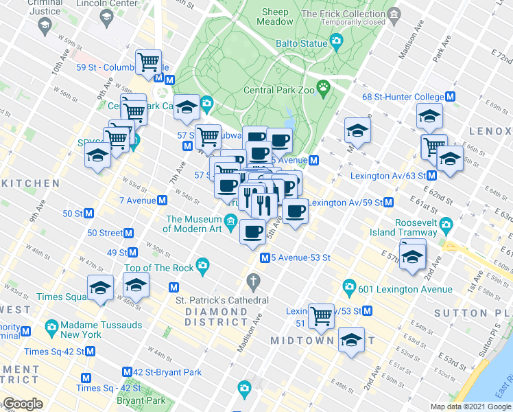 map of restaurants, bars, coffee shops, grocery stores, and more near 12 West 56th Street in New York