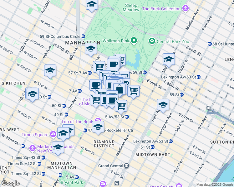 map of restaurants, bars, coffee shops, grocery stores, and more near 48 West 55th Street in New York