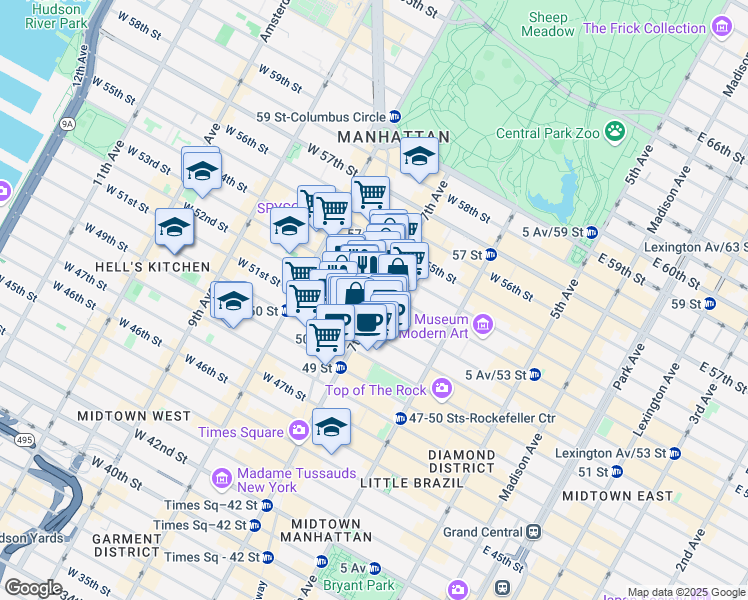 map of restaurants, bars, coffee shops, grocery stores, and more near 1700 Broadway in New York