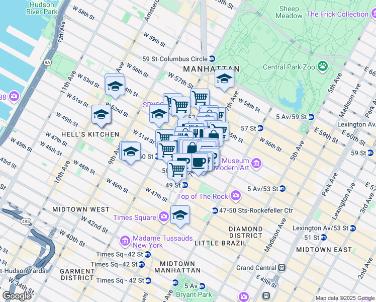 map of restaurants, bars, coffee shops, grocery stores, and more near 1700 Broadway in New York