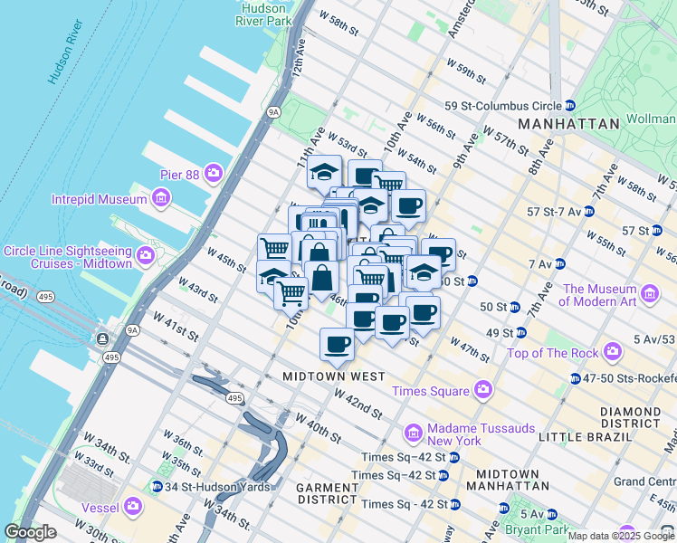 map of restaurants, bars, coffee shops, grocery stores, and more near 447 West 47th Street in New York