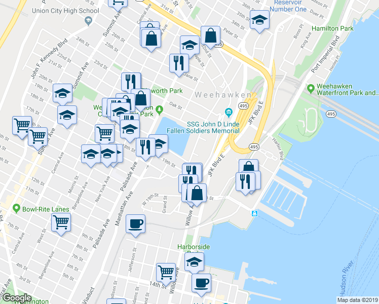 map of restaurants, bars, coffee shops, grocery stores, and more near 411 Gregory Avenue in Weehawken