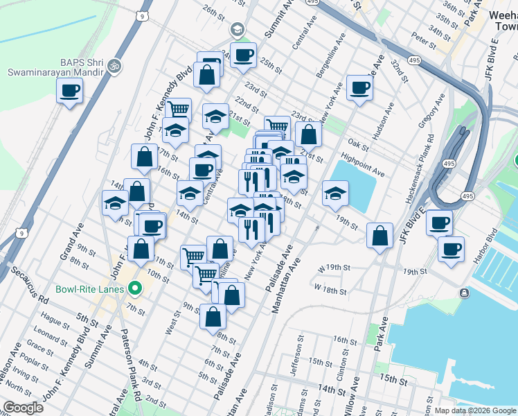 map of restaurants, bars, coffee shops, grocery stores, and more near 1610 Bergenline Avenue in Union City
