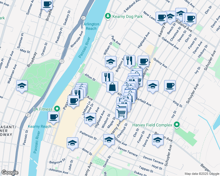 map of restaurants, bars, coffee shops, grocery stores, and more near 111 Brighton Avenue in Kearny