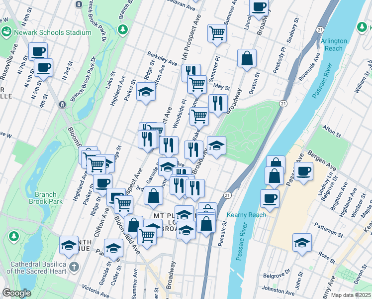 map of restaurants, bars, coffee shops, grocery stores, and more near 22 Wakeman Avenue in Newark