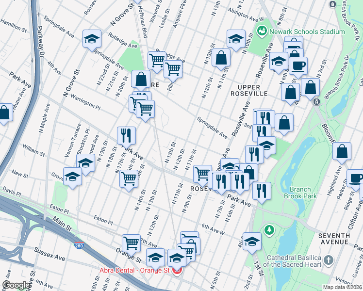 map of restaurants, bars, coffee shops, grocery stores, and more near 180 North 12th Street in Newark