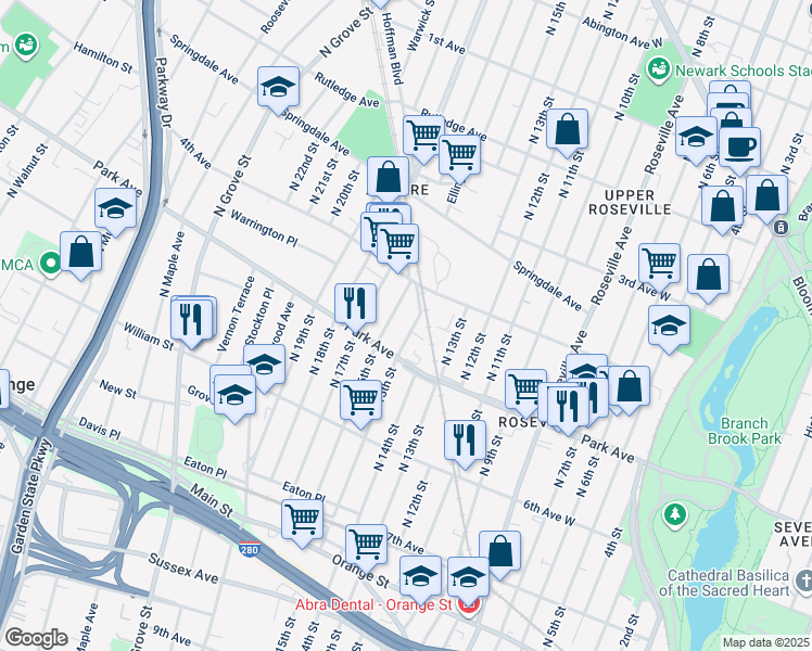 map of restaurants, bars, coffee shops, grocery stores, and more near 201 North 15th Street in East Orange