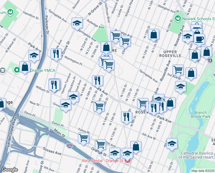 map of restaurants, bars, coffee shops, grocery stores, and more near 201 North 15th Street in East Orange