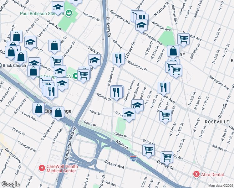 map of restaurants, bars, coffee shops, grocery stores, and more near in East Orange