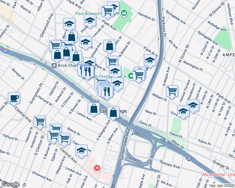 map of restaurants, bars, coffee shops, grocery stores, and more near 12 Winans Street in East Orange