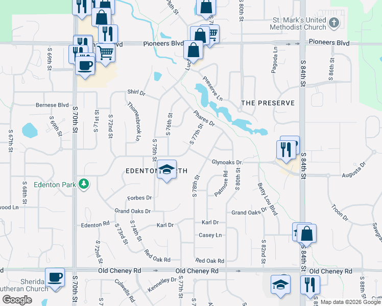 map of restaurants, bars, coffee shops, grocery stores, and more near 7721 Glynoaks Drive in Lincoln