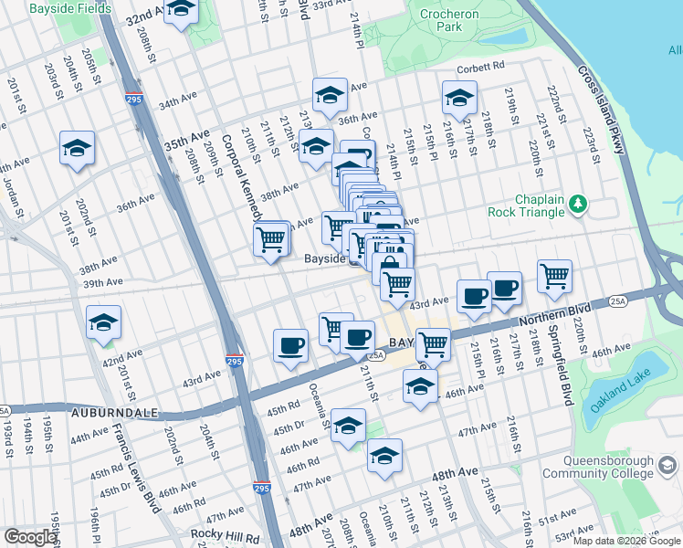 map of restaurants, bars, coffee shops, grocery stores, and more near 211-9 42nd Avenue in Queens