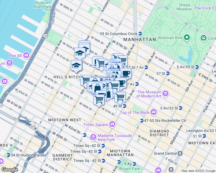 map of restaurants, bars, coffee shops, grocery stores, and more near 318n West 51st Street in New York