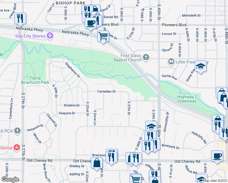 map of restaurants, bars, coffee shops, grocery stores, and more near 4389 Serenity Circle in Lincoln