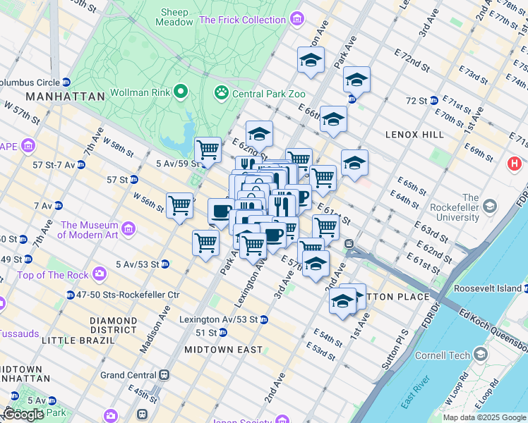 map of restaurants, bars, coffee shops, grocery stores, and more near 110 East 59th Street in New York