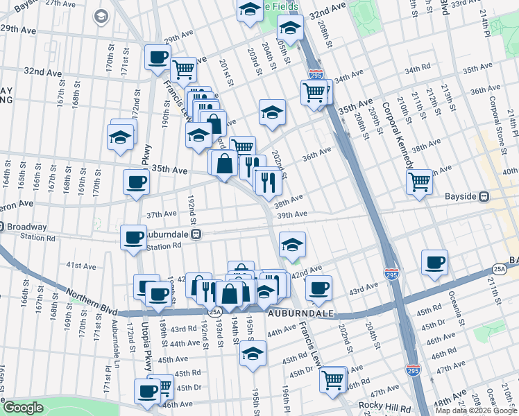 map of restaurants, bars, coffee shops, grocery stores, and more near 195-21 39th Avenue in Queens