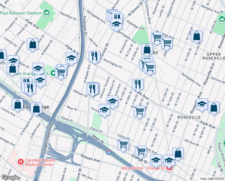 map of restaurants, bars, coffee shops, grocery stores, and more near 42 Stockton Place in East Orange