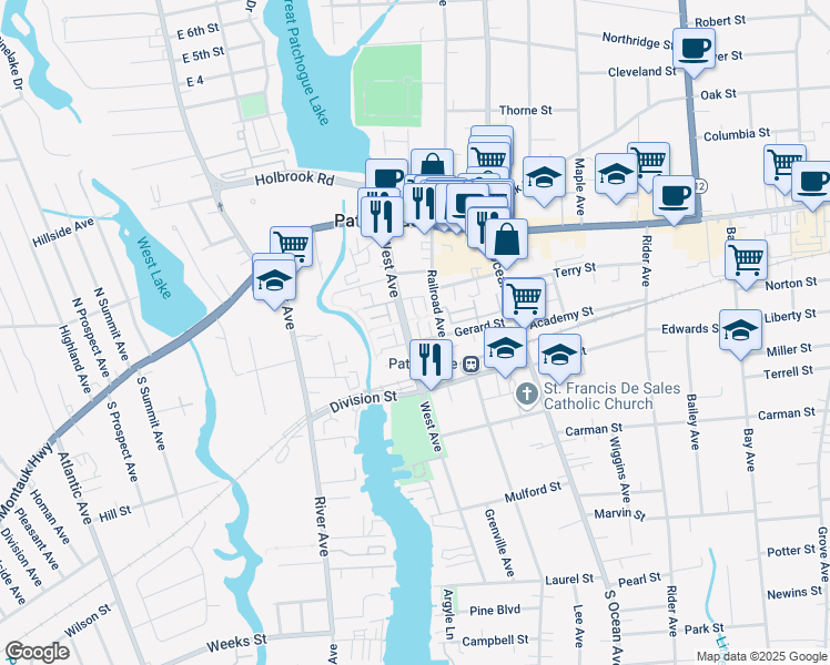 map of restaurants, bars, coffee shops, grocery stores, and more near 51 Barley Lane in Patchogue