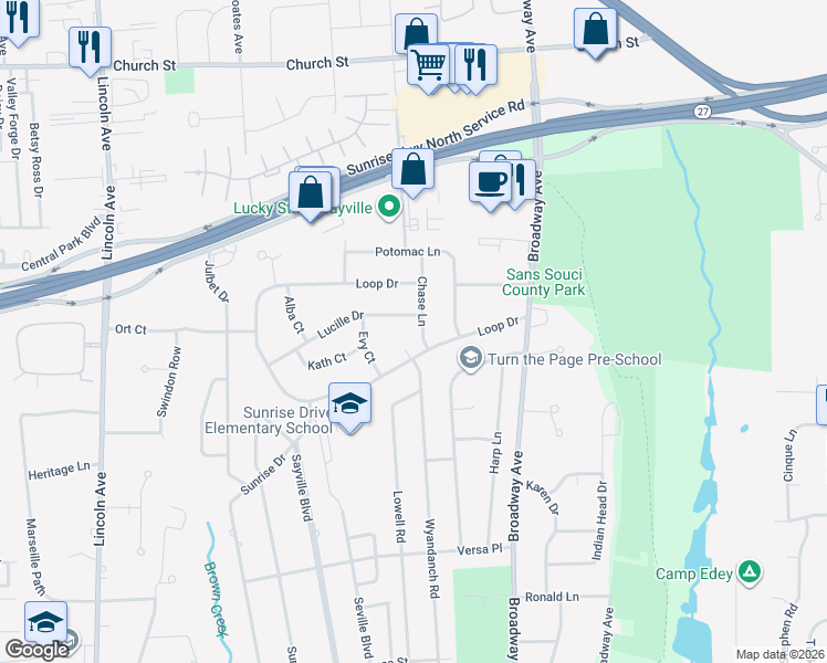 map of restaurants, bars, coffee shops, grocery stores, and more near 6 Chase Lane in Sayville