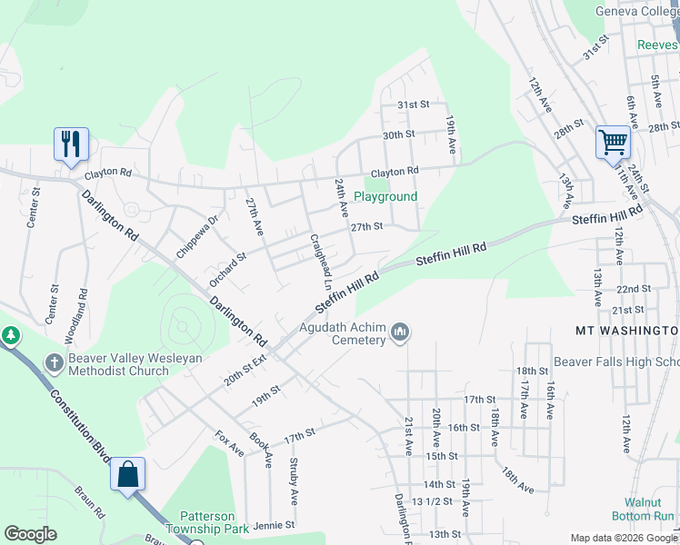 map of restaurants, bars, coffee shops, grocery stores, and more near 2501 Craighead Lane in Beaver Falls