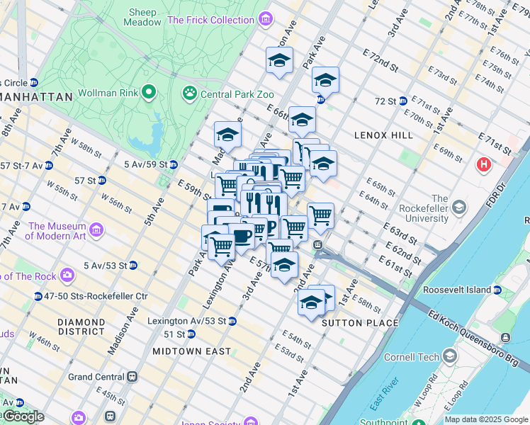 map of restaurants, bars, coffee shops, grocery stores, and more near 150 East 60th Street in New York