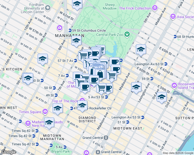 map of restaurants, bars, coffee shops, grocery stores, and more near 55 West 55th Street in New York