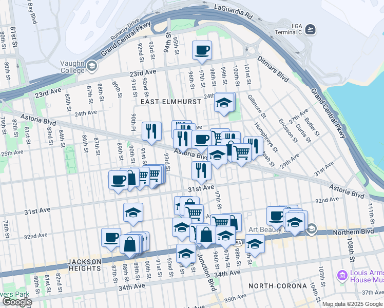 map of restaurants, bars, coffee shops, grocery stores, and more near 95-8 Astoria Boulevard in Queens