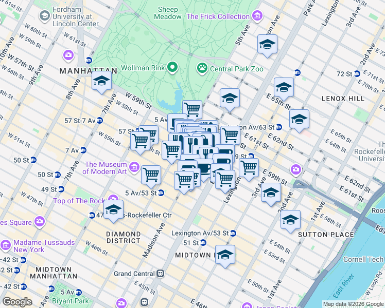map of restaurants, bars, coffee shops, grocery stores, and more near 15 East 57th Street in New York