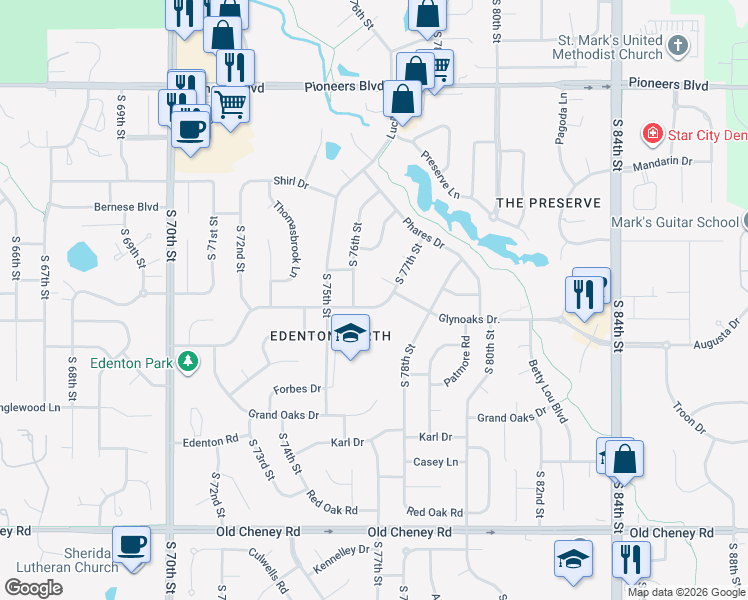 map of restaurants, bars, coffee shops, grocery stores, and more near 7628 Glynoaks Drive in Lincoln