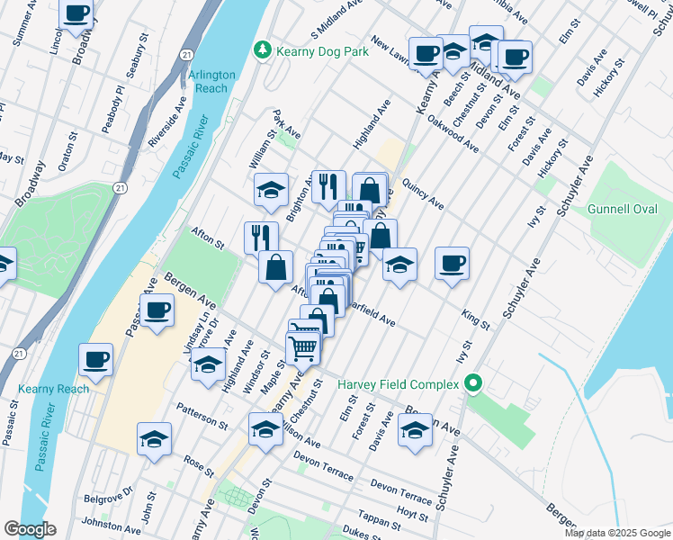 map of restaurants, bars, coffee shops, grocery stores, and more near 72 Halstead Street in Kearny